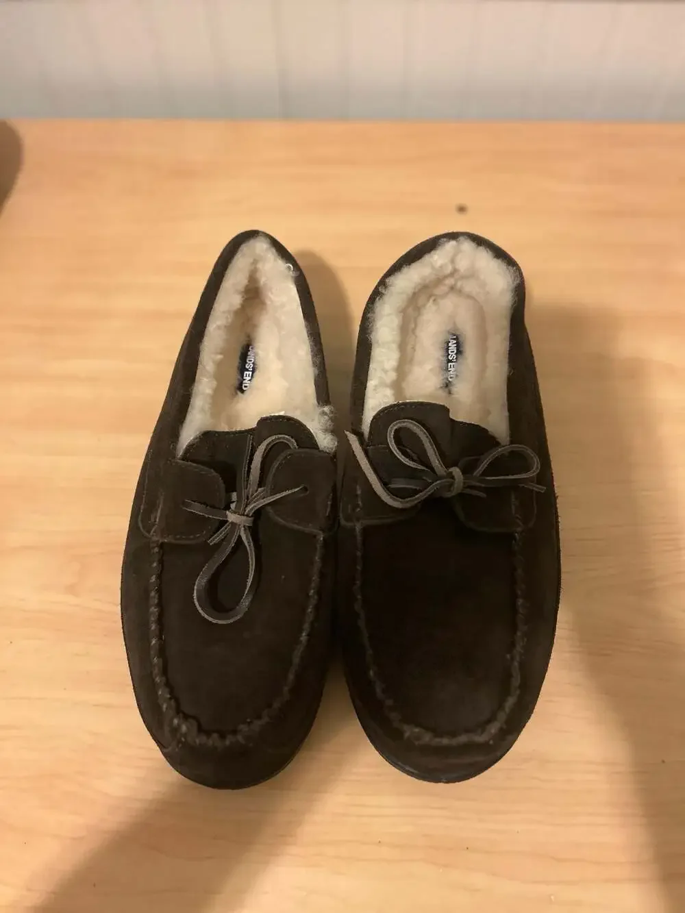 Lands' End Men's Suede Moccasin Slippers with Faux Fur Lining